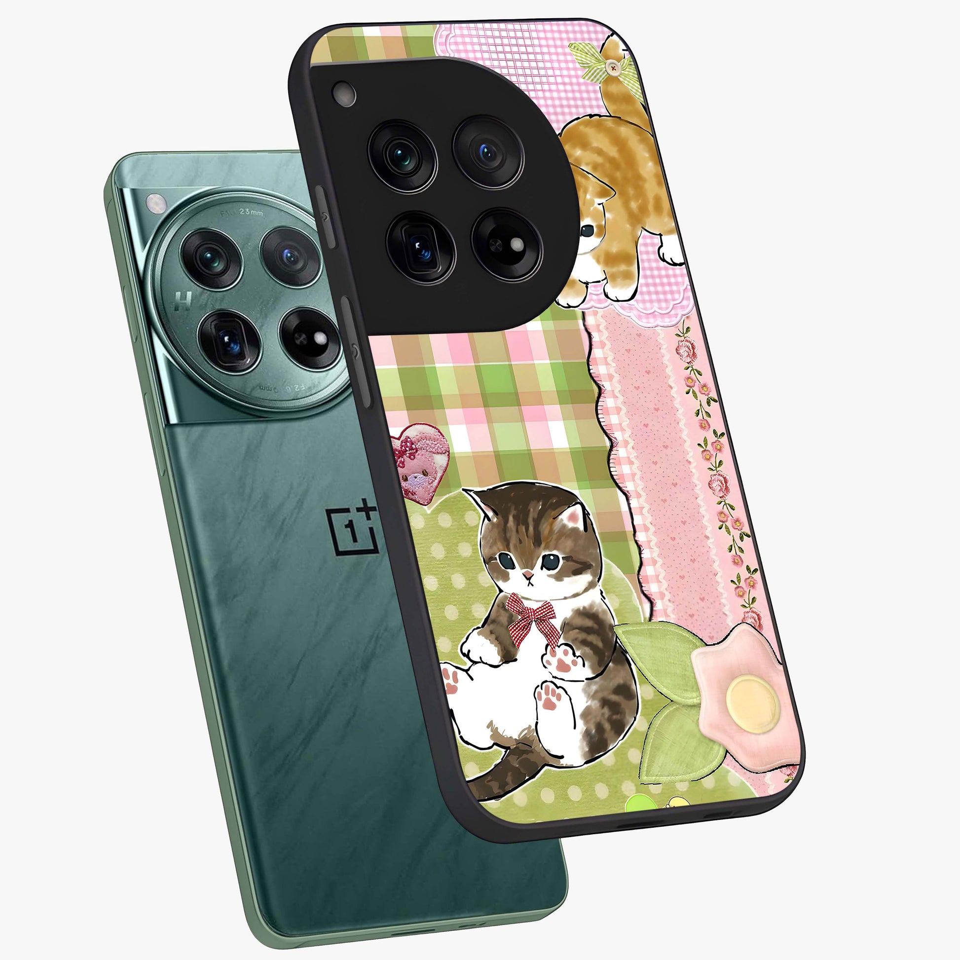 Cats Sweet Button Glass Case for 1+12 angled mockup showcasing glossy finish and charming character design