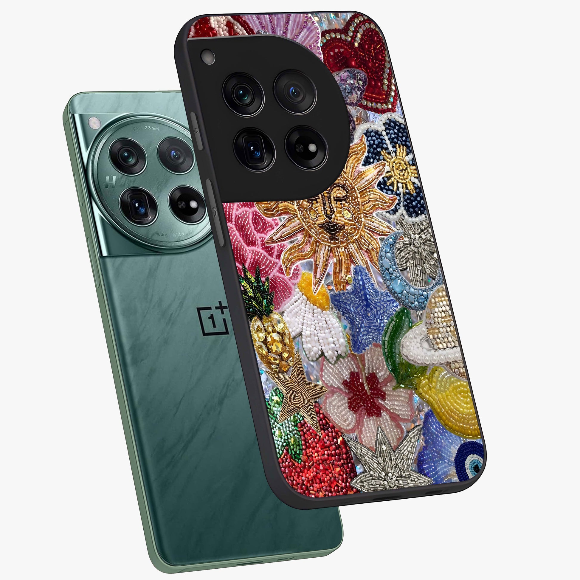 Celestial Floral and Playful Glass Case for 1+12 angled mockup showcasing glossy finish and colorful celestial detailing