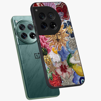Celestial Floral and Playful Glass Case for 1+12 angled mockup showcasing glossy finish and colorful celestial detailing