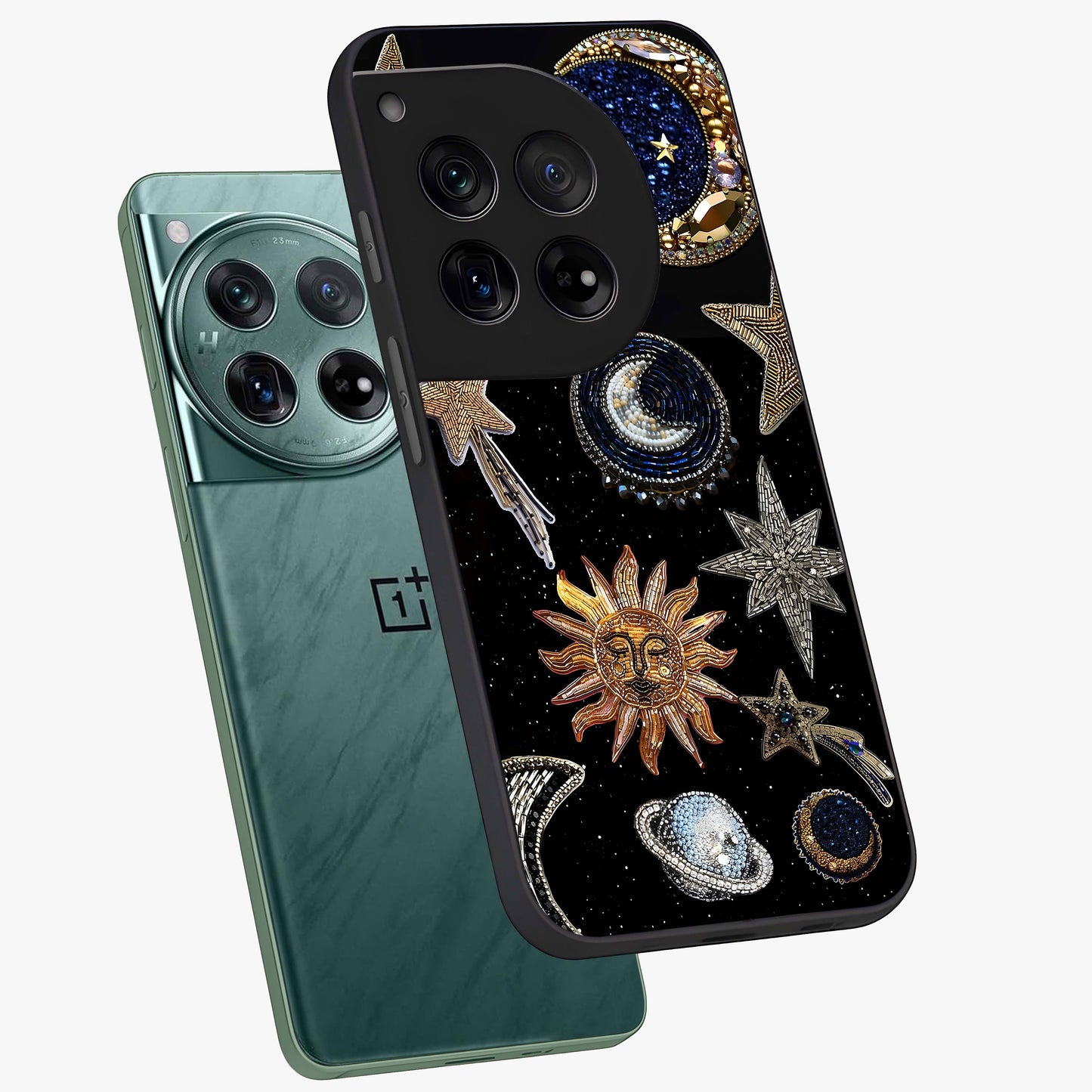 Celestial Gem Constellations Glass Case for 1+12 angled mockup showcasing glossy finish and sparkling cosmic design