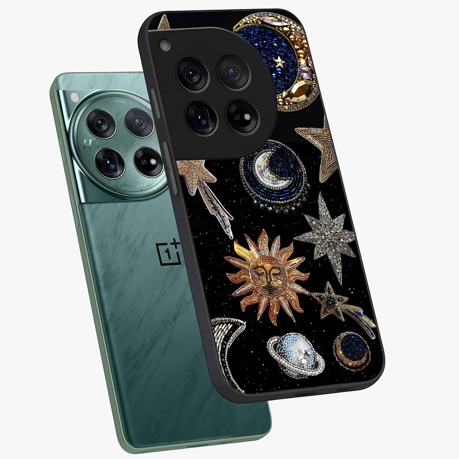 Celestial Gem Constellations Glass Case for 1+12 angled mockup showcasing glossy finish and sparkling cosmic design