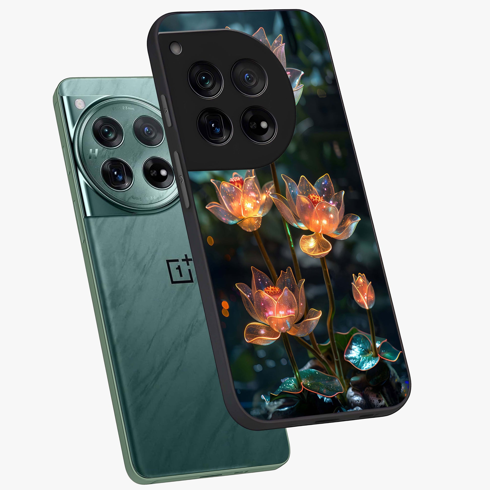 Celestial Lotus Light Glass Case for 1+12 angled mockup showcasing glossy finish and radiant celestial tones