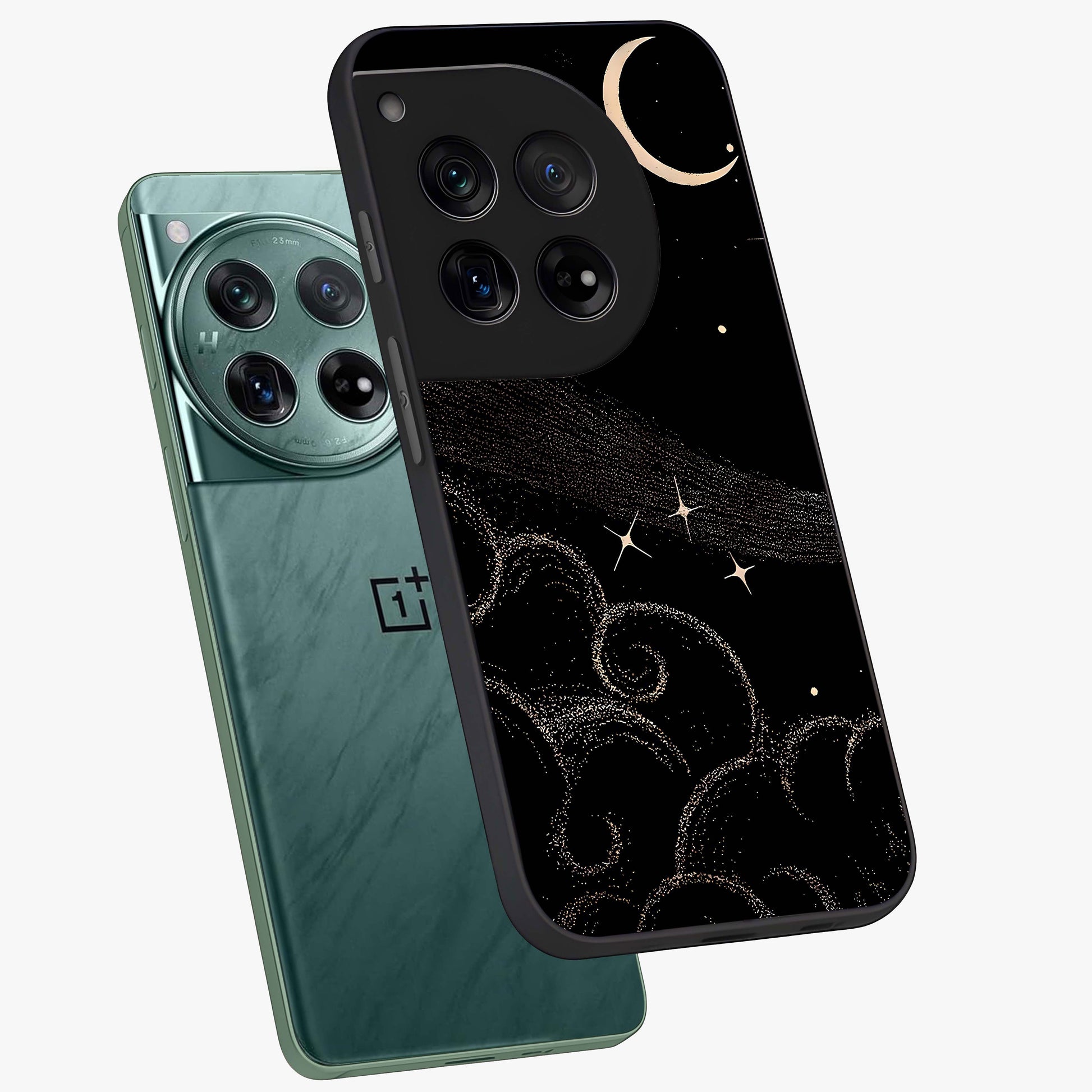 Celestial Midnight Veil Glass Case for 1+12 angled mockup showcasing glossy finish and dark celestial gradients
