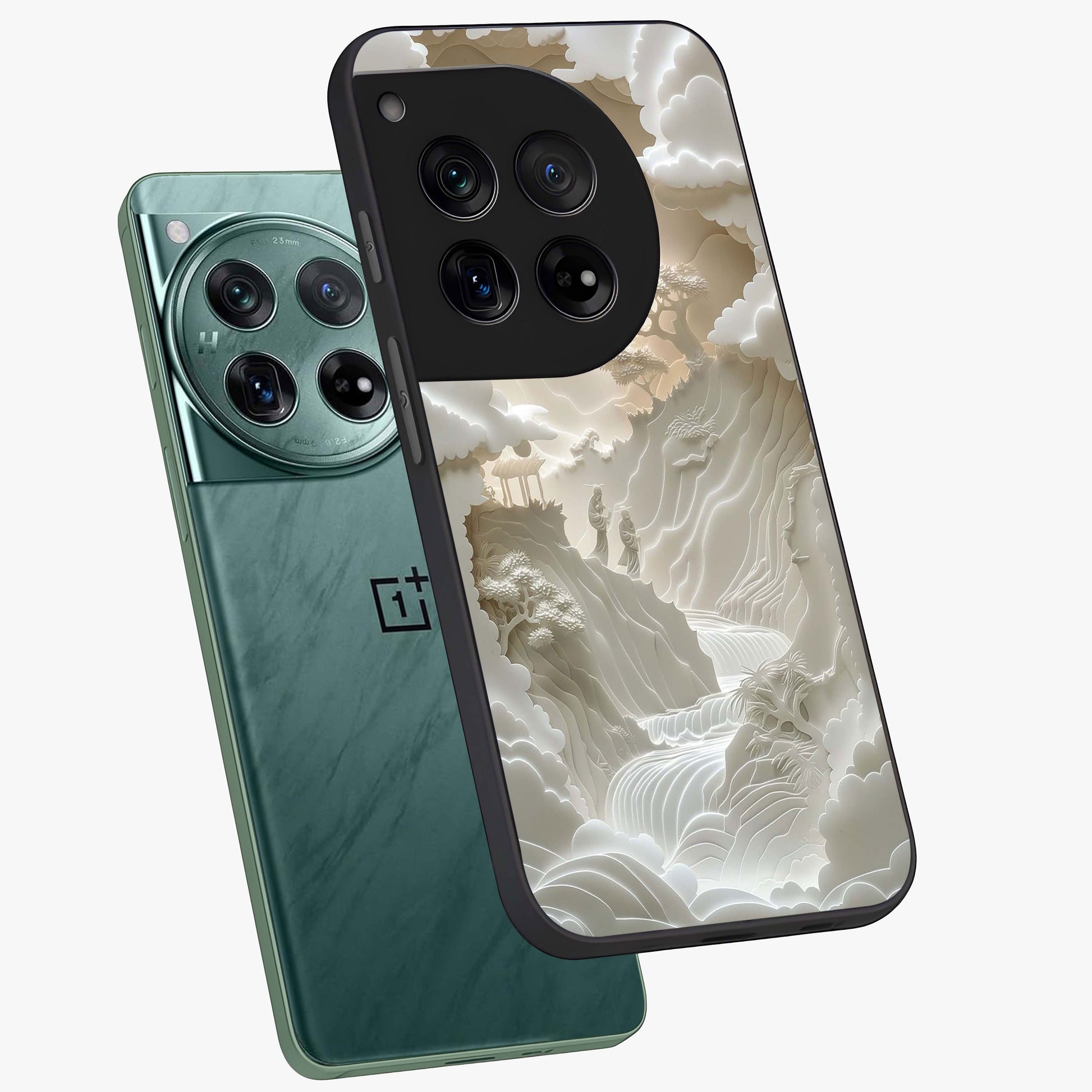 Celestial Origami Glass Case for 1+12 angled mockup showcasing glossy finish and geometric celestial design