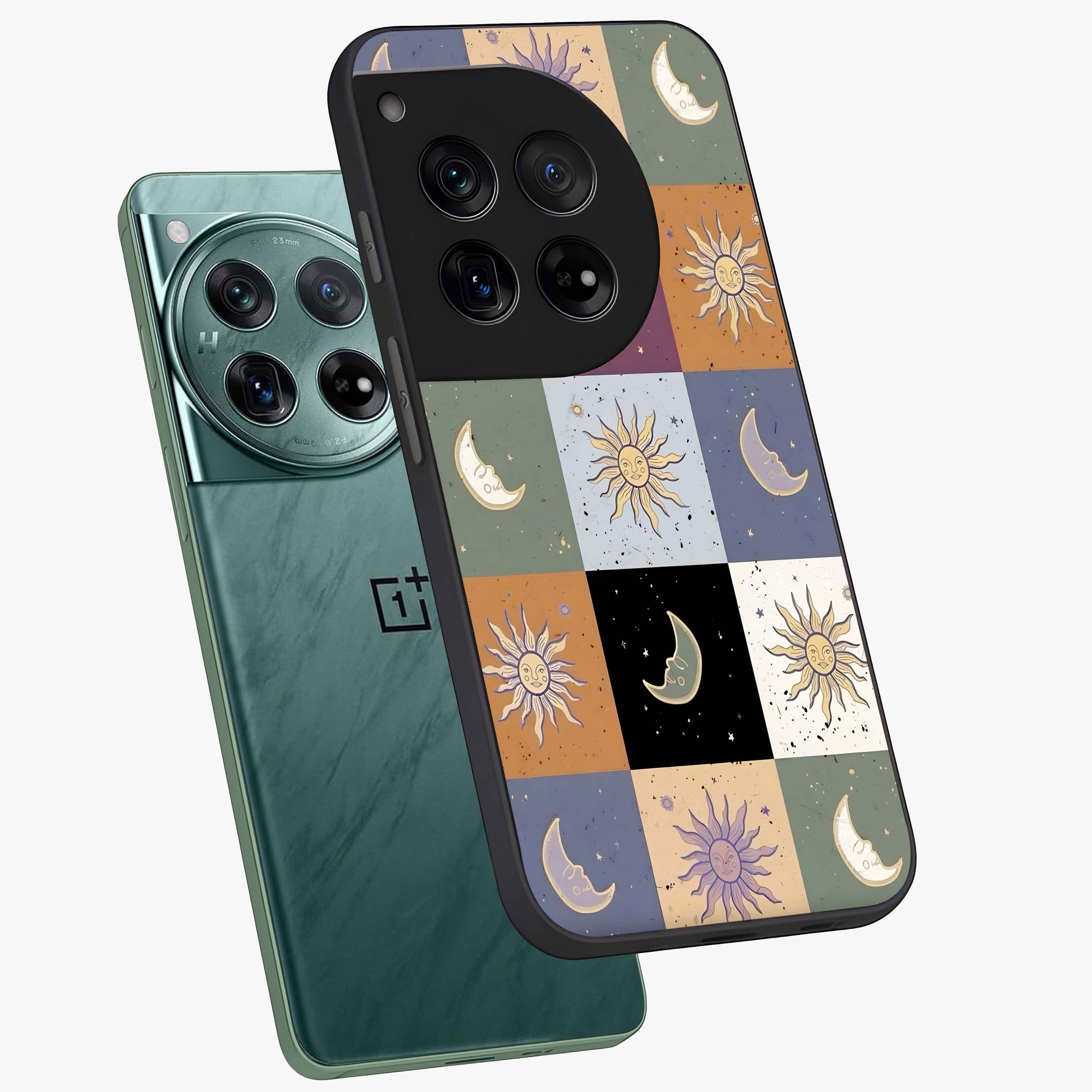 Celestial Patchwork Dreams Glass Case for 1+12 angled mockup showcasing glossy finish and layered celestial textures