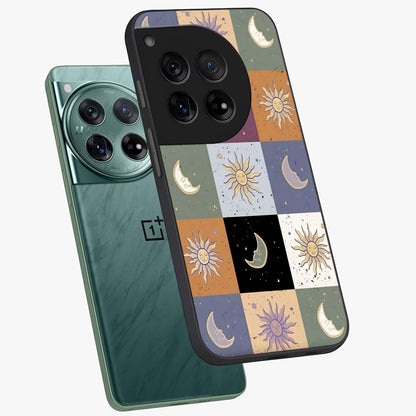 Celestial Patchwork Dreams Glass Case for 1+12 angled mockup showcasing glossy finish and layered celestial textures