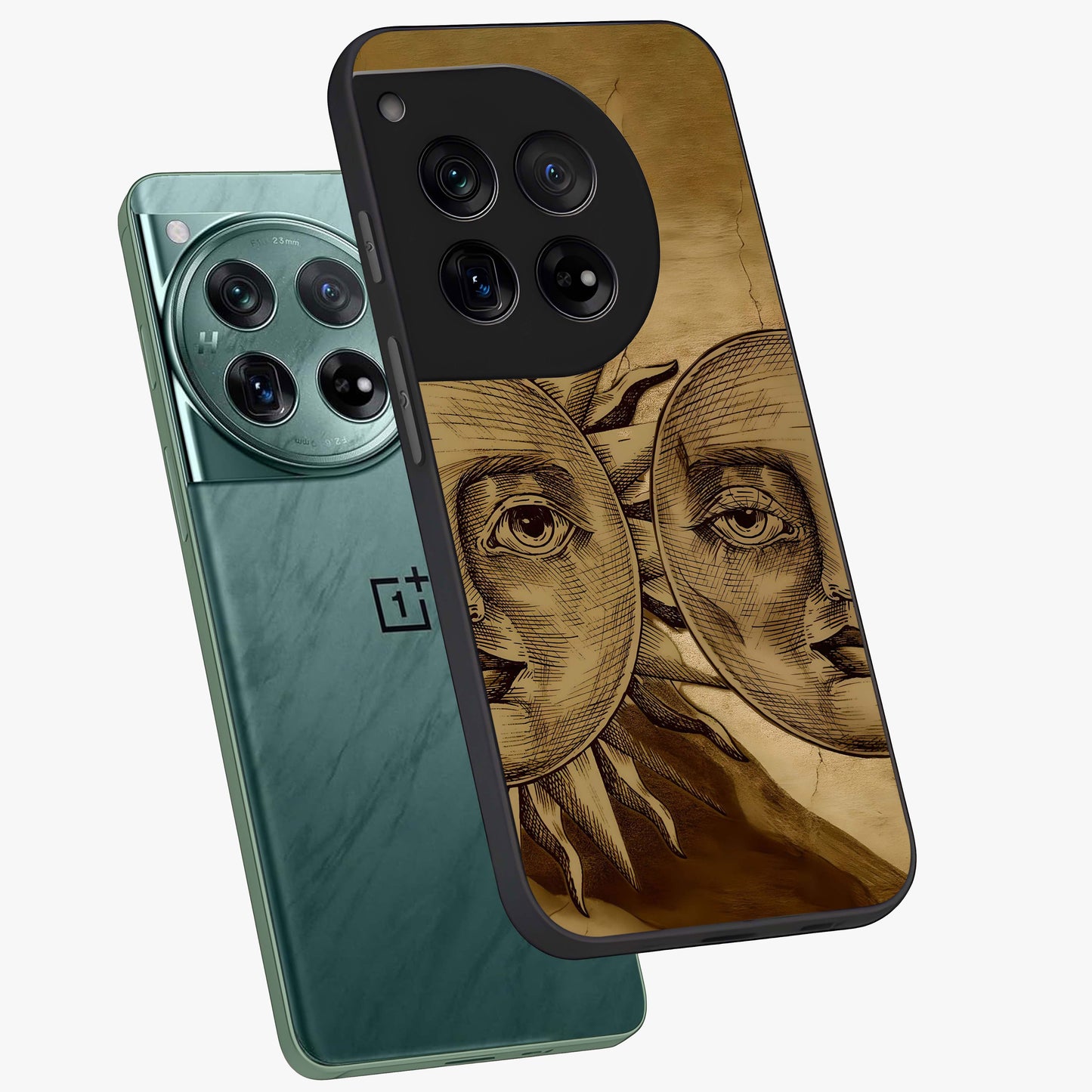 Celestial Relic Glow Glass Case for 1+12 angled mockup showcasing glossy finish and radiant glow detailing