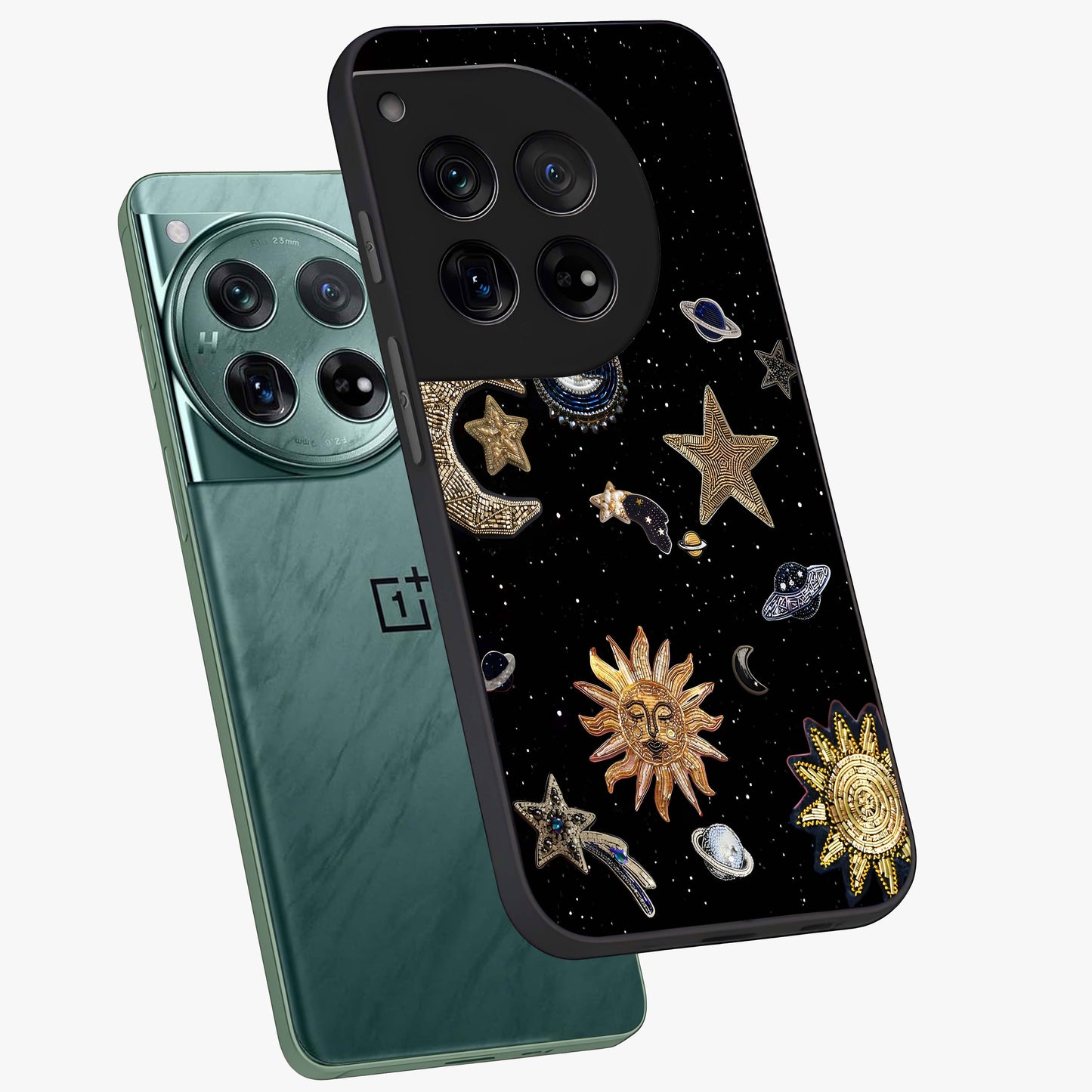 Celestial Star Charm Glass Case for 1+12 angled mockup showcasing glossy finish and shimmering celestial tones