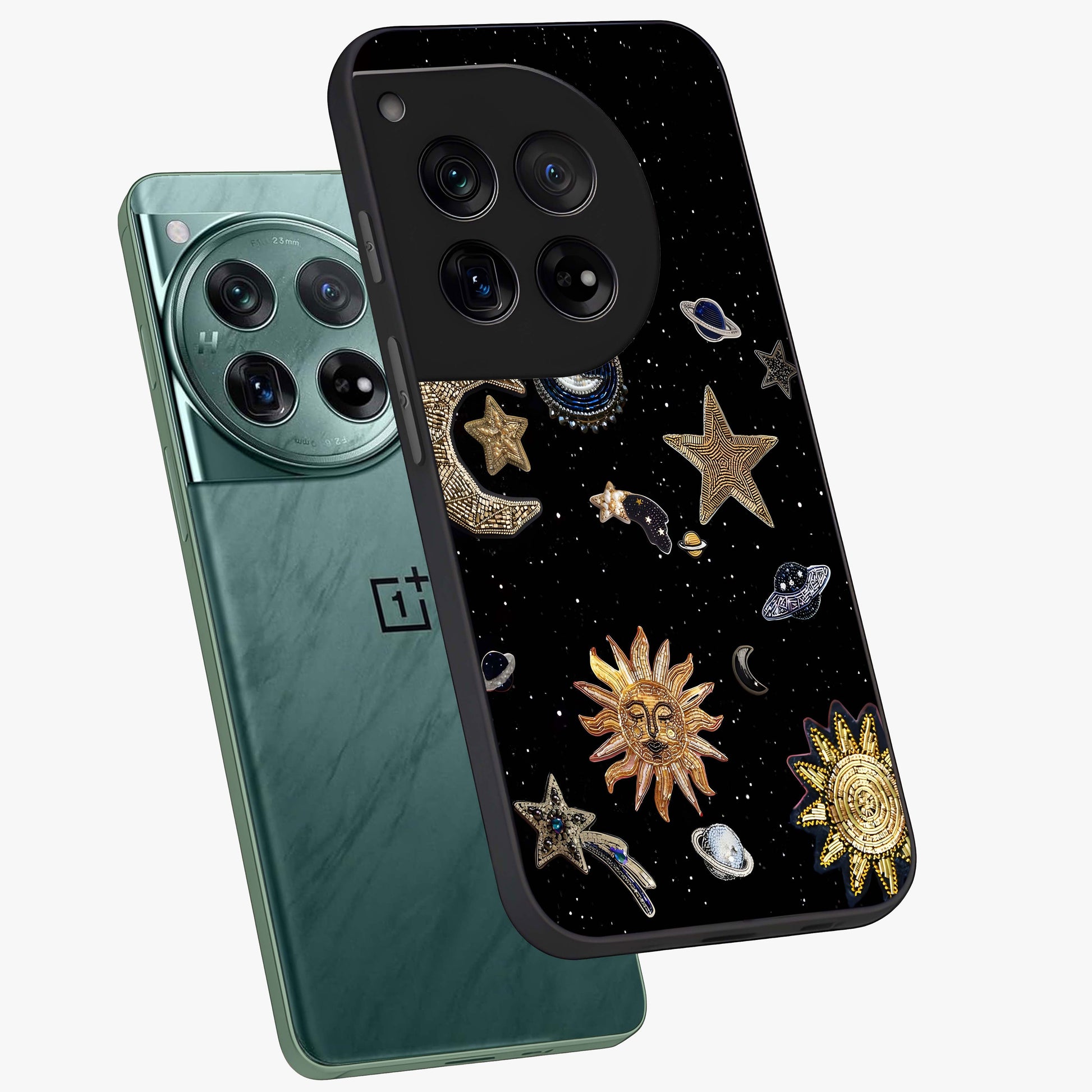 Celestial Star Charm Glass Case for 1+12 angled mockup showcasing glossy finish and shimmering celestial tones