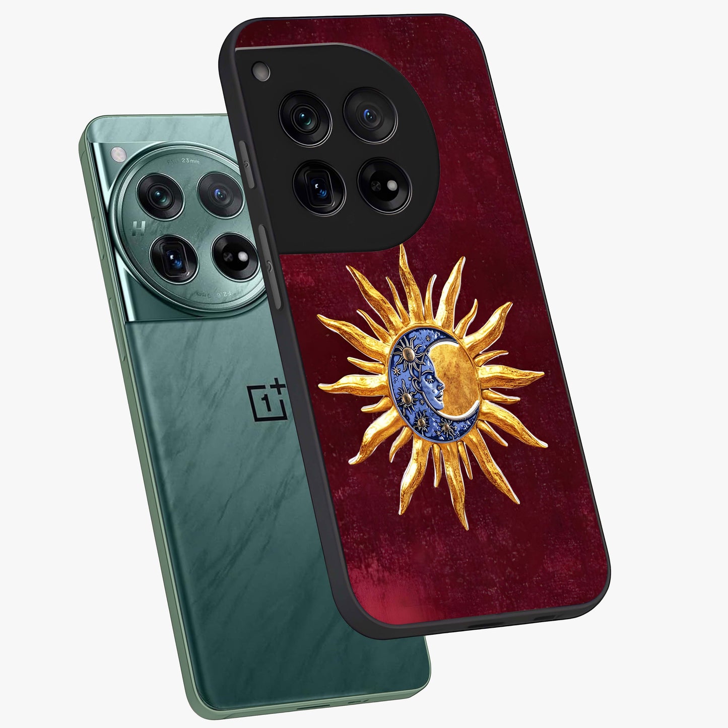Celestial Unity Charm Glass Case for 1+12 angled mockup showcasing glossy finish and balanced cosmic design