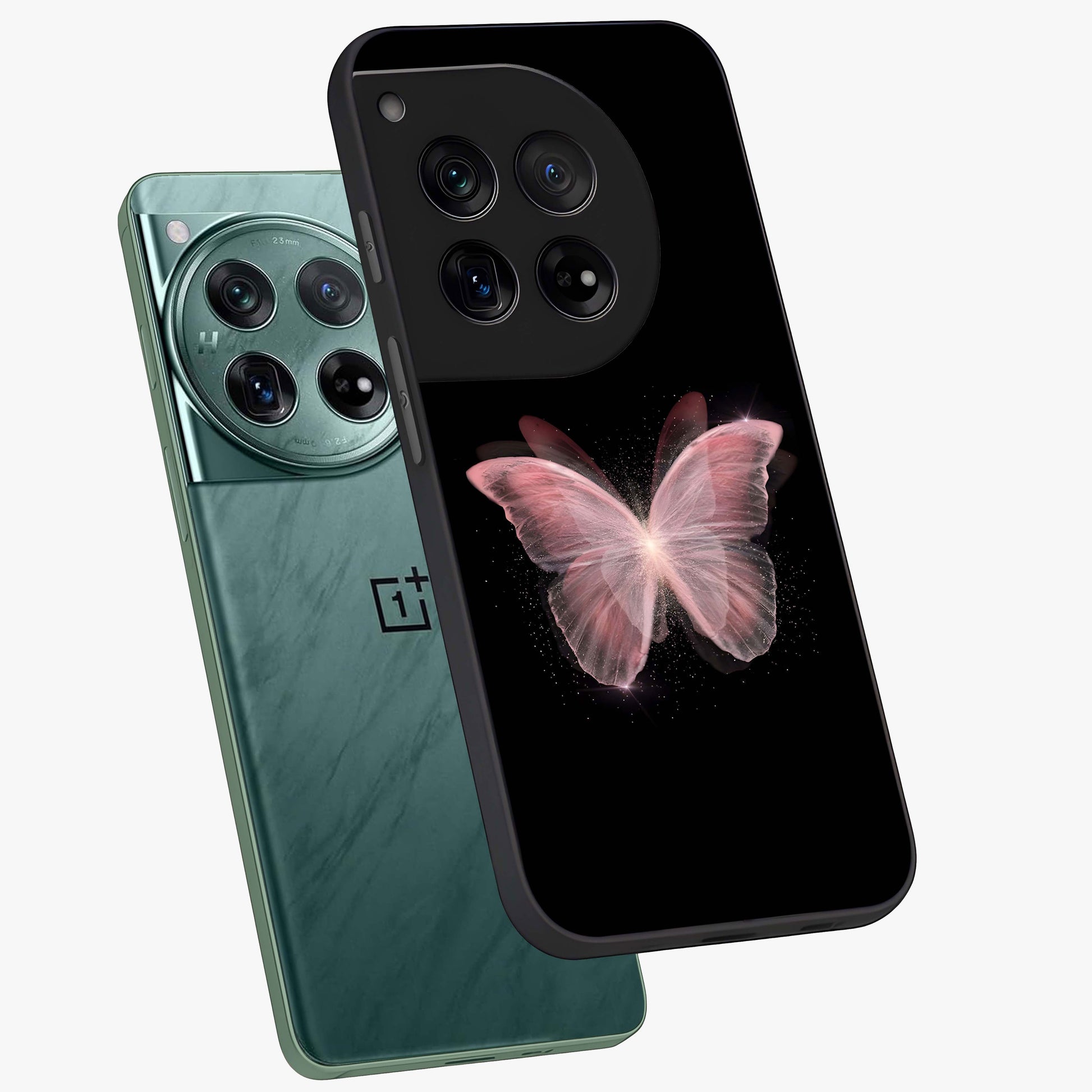 Celestial Wings Butterfly Glass Case for 1+12 angled mockup showcasing glossy finish and luminous wing detailing