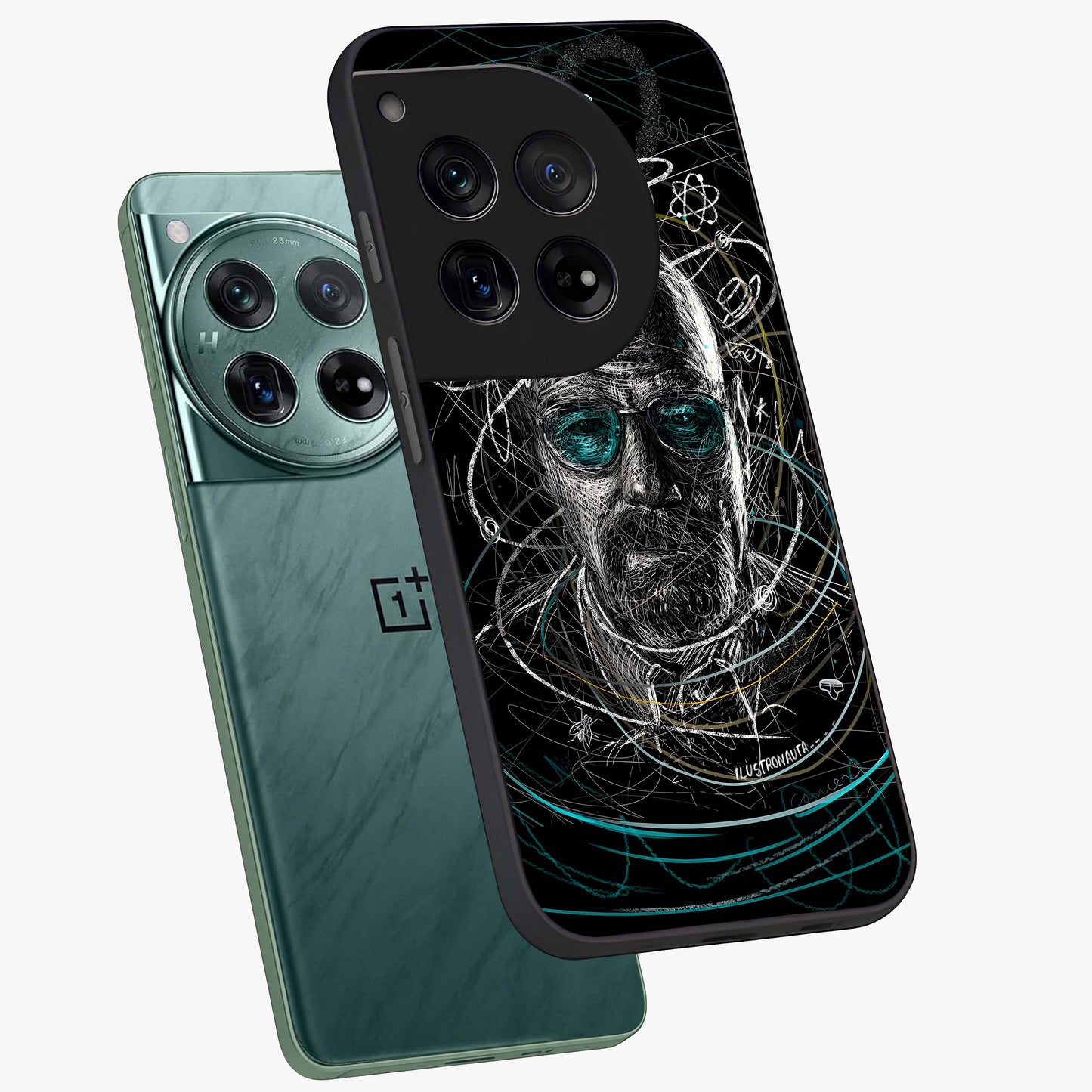 Chaotic Mind Genius Glass Case for 1+12 angled mockup showcasing glossy finish and edgy artistic design
