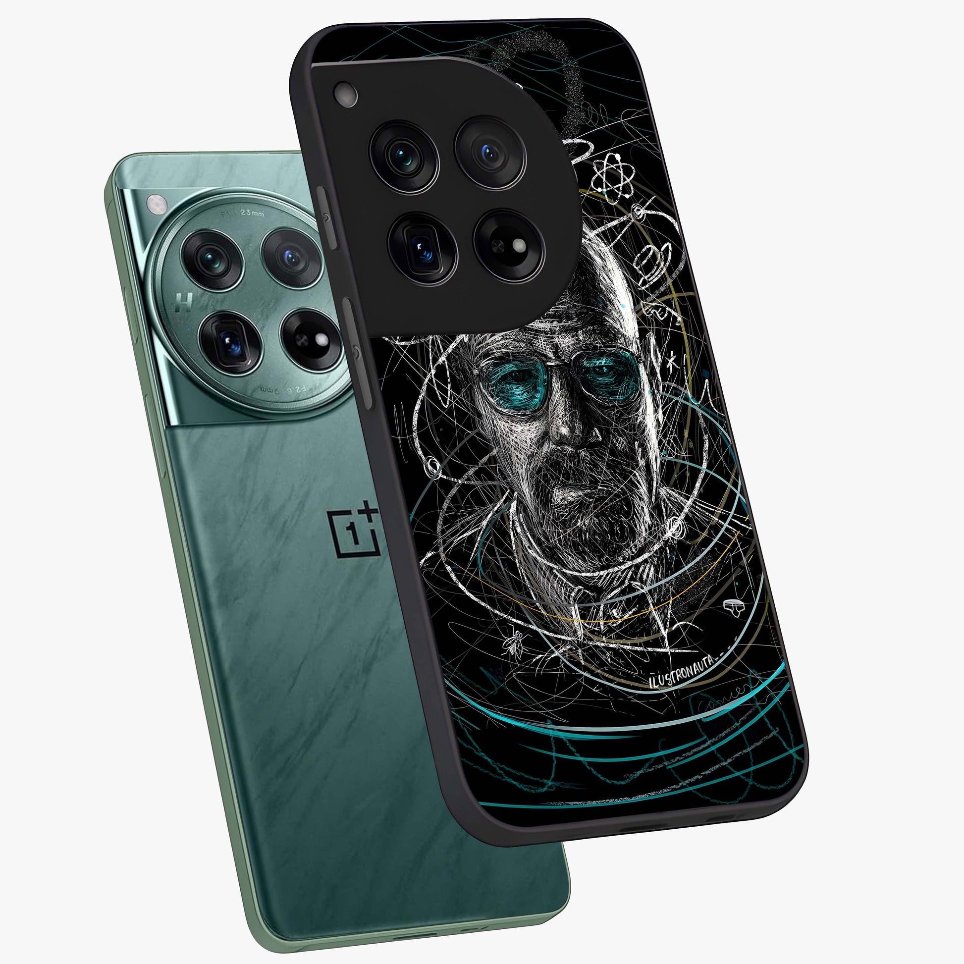 Chaotic Mind Genius Glass Case for 1+12 angled mockup showcasing glossy finish and edgy artistic design
