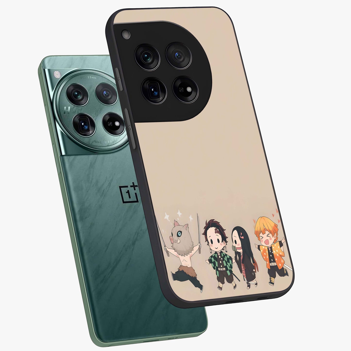 Chibi Demon Squad Glass Case for 1+12 angled mockup showcasing glossy finish and vibrant anime inspired design