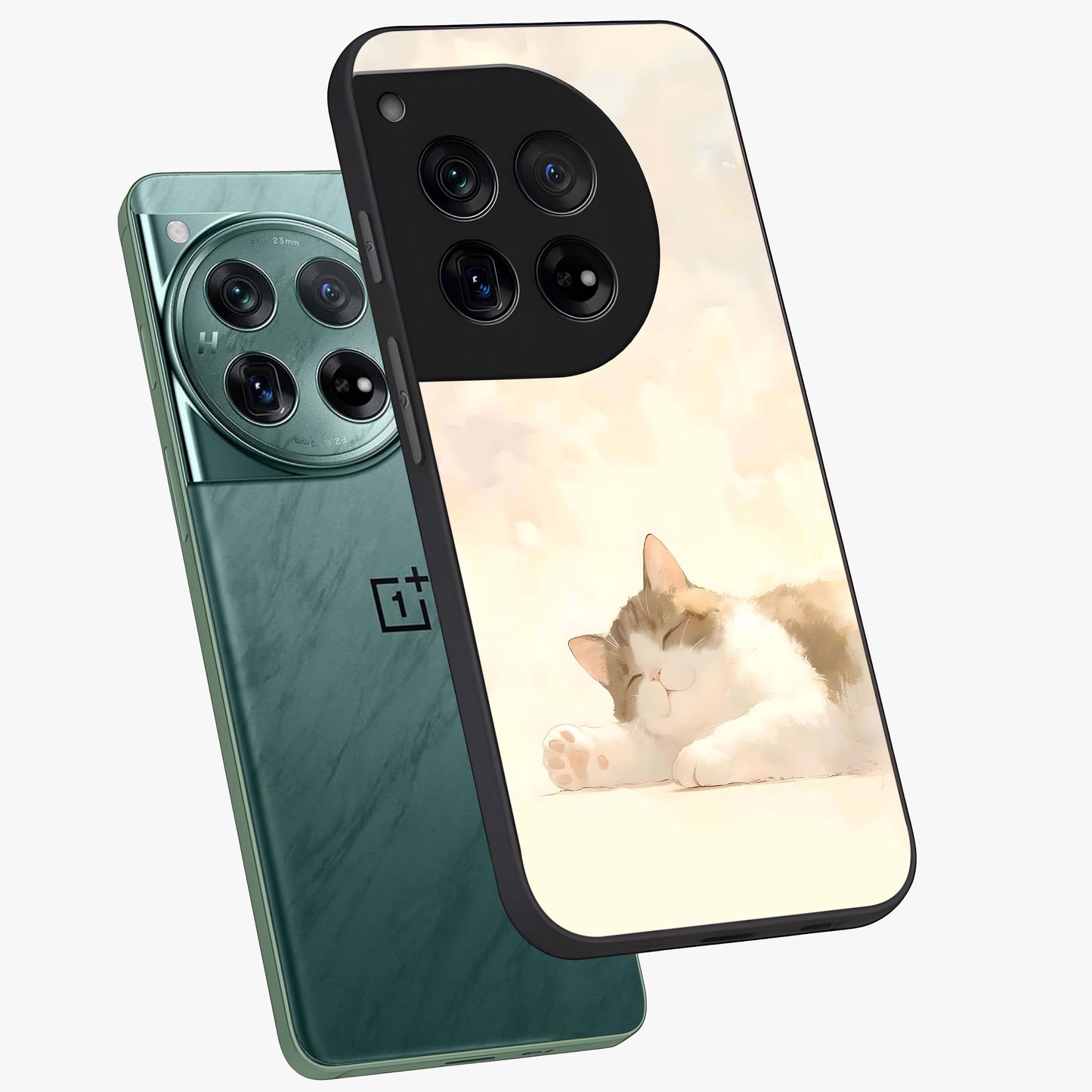 Cloud Nap Cat Glass Case for 1+12 angled mockup showcasing glossy finish and cozy pastel tones
