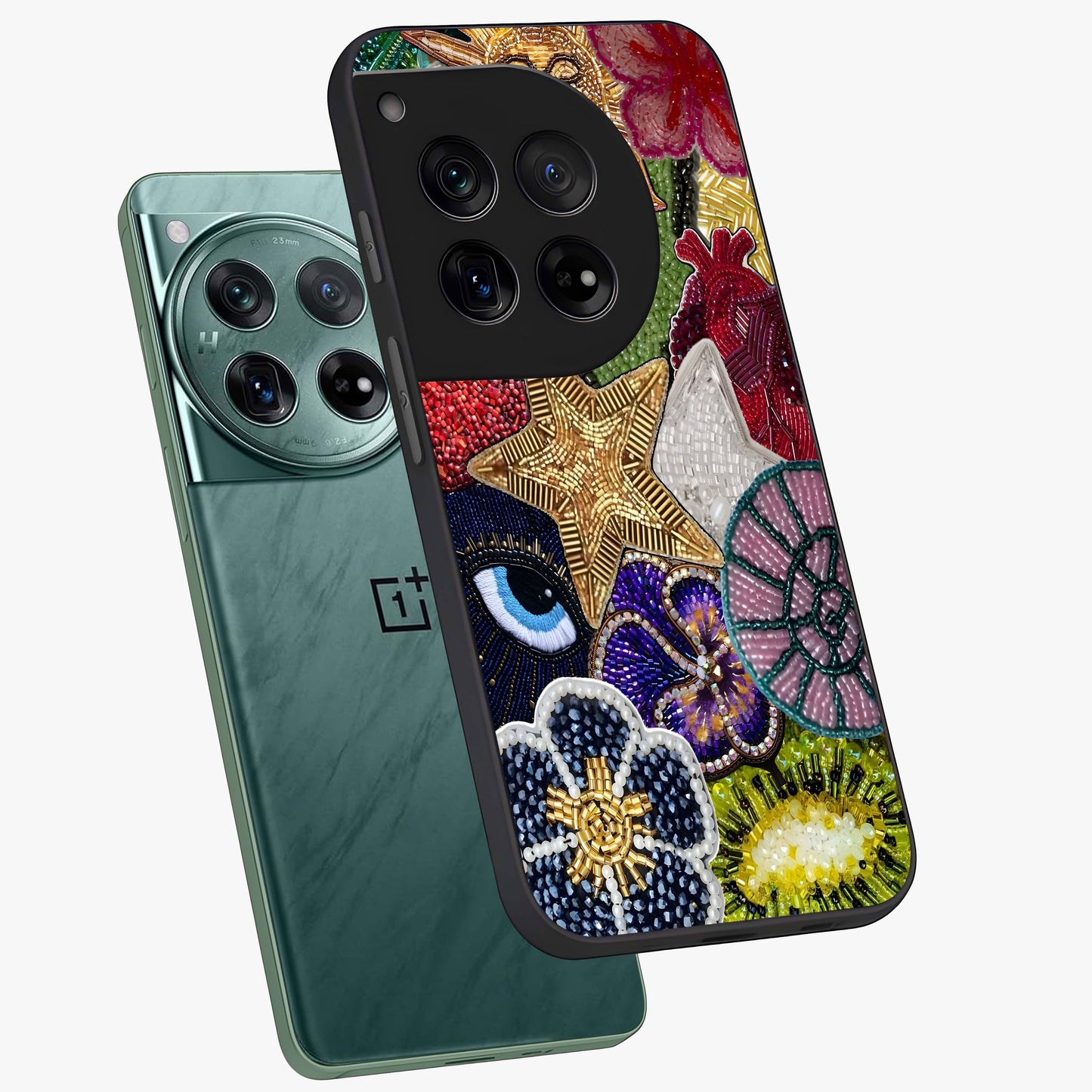 Cosmic Charm Shine Glass Case for 1+12 angled mockup showcasing glossy finish and sparkling cosmic tones