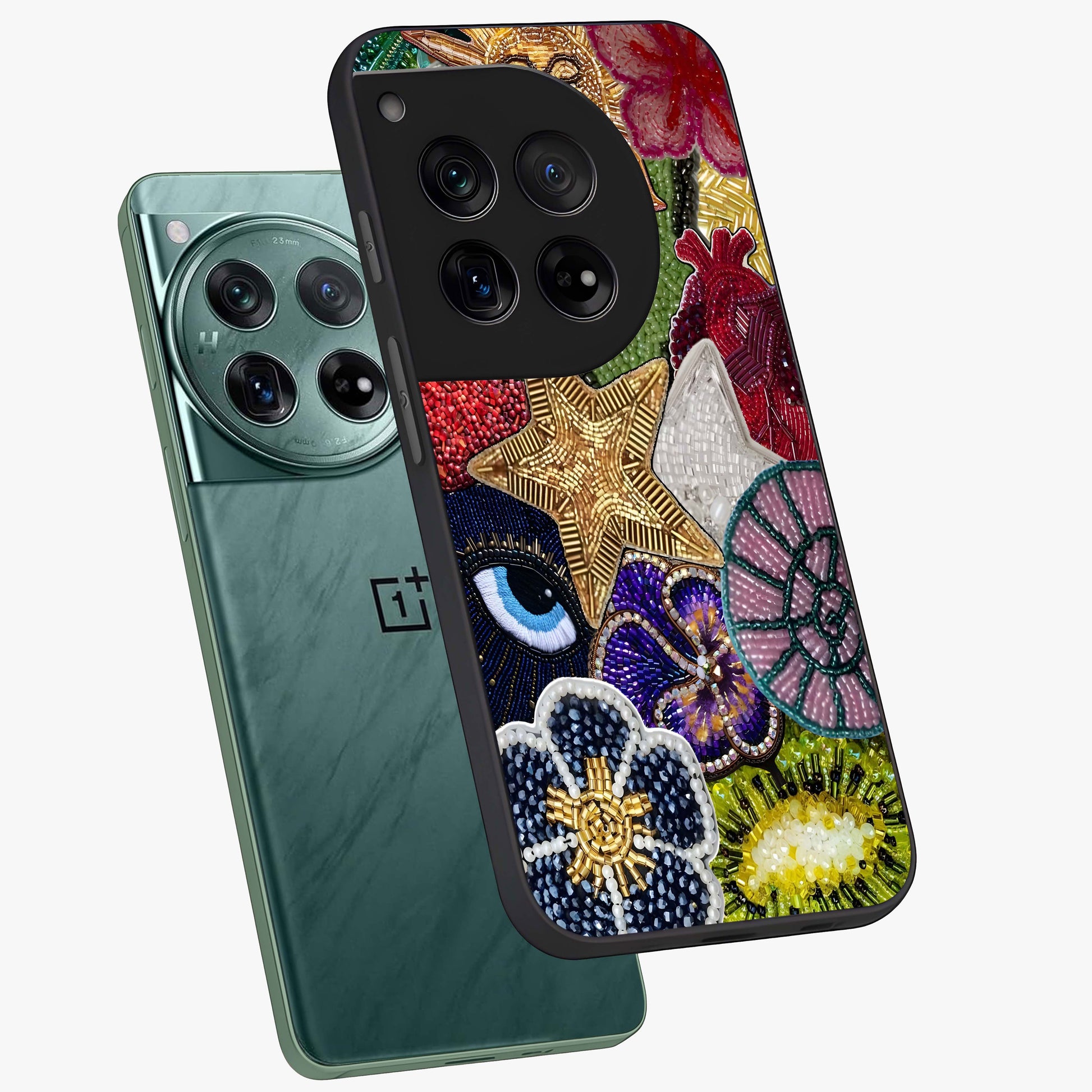 Cosmic Charm Shine Glass Case for 1+12 angled mockup showcasing glossy finish and sparkling cosmic tones