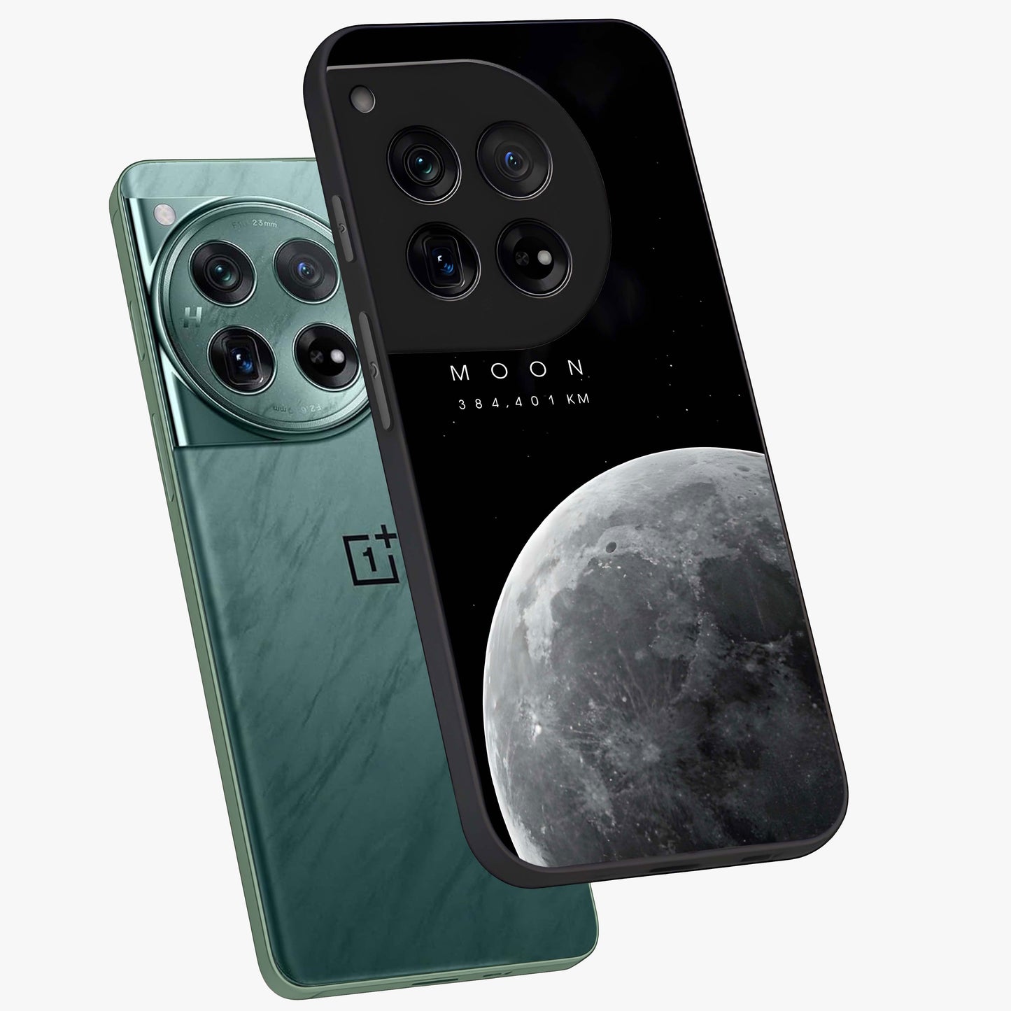 Cosmic Moon Glow Glass Case for 1+12 angled mockup showcasing glossy finish and luminous night design