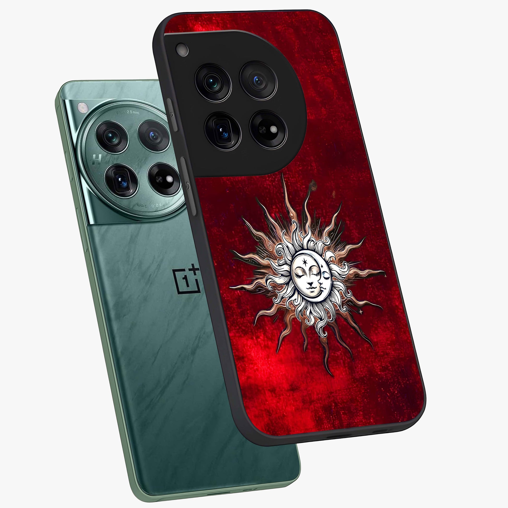 Cosmic Twin Eclipse Glass Case for 1+12 angled mockup showcasing glossy finish and bold celestial contrast