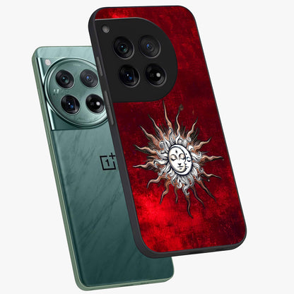 Cosmic Twin Eclipse Glass Case for 1+12 angled mockup showcasing glossy finish and bold celestial contrast