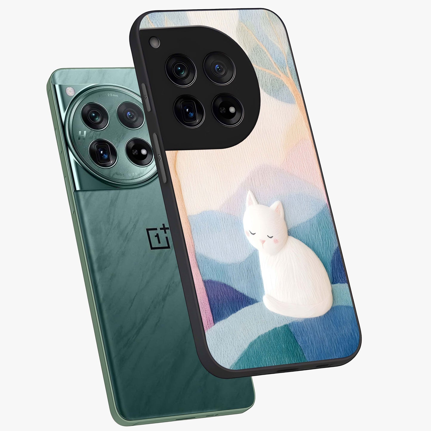 Cotton Dream Cat Glass Case for 1+12 angled mockup showcasing glossy glass finish and cozy aesthetic design