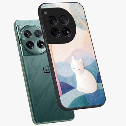 Cotton Dream Cat Glass Case for 1+12 angled mockup showcasing glossy glass finish and cozy aesthetic design