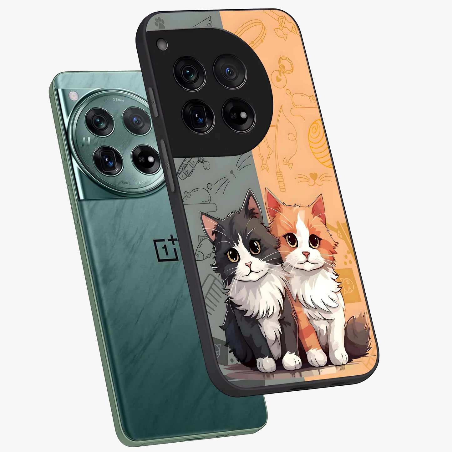 Cozy Cat Duo Glass Case for 1+12 angled mockup showcasing glossy finish and charming pastel tones