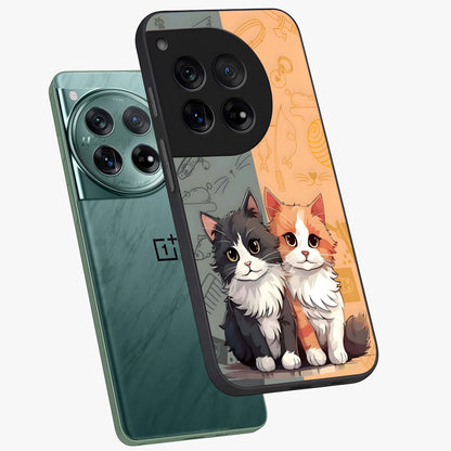 Cozy Cat Duo Glass Case for 1+12 angled mockup showcasing glossy finish and charming pastel tones