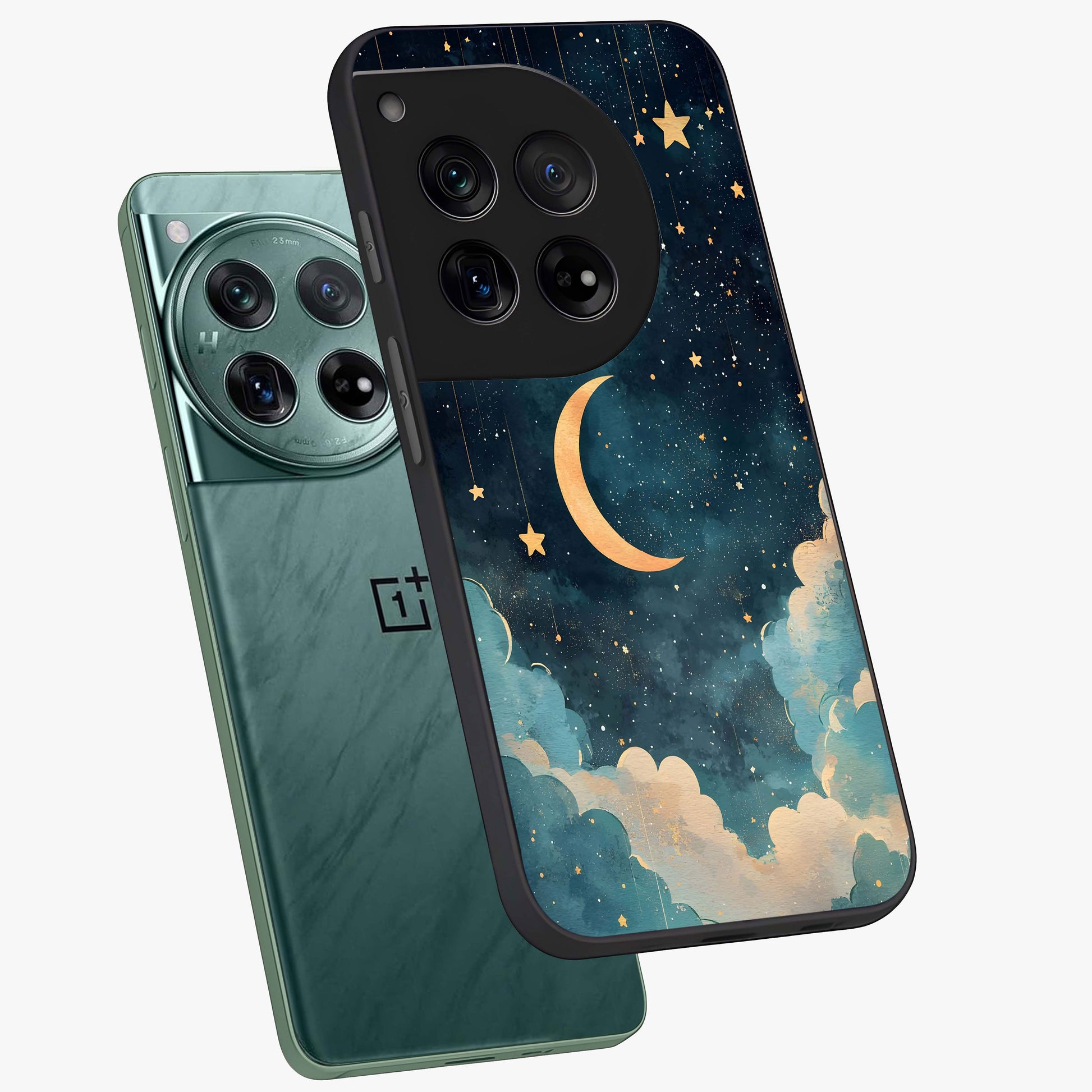Crescent Galaxy Moon Glass Case for 1+12 angled mockup showcasing glossy finish and glowing galaxy tones