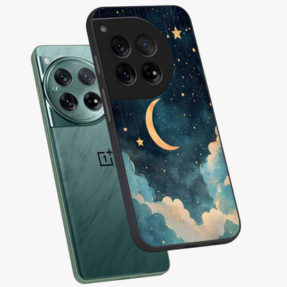 Crescent Galaxy Moon Glass Case for 1+12 angled mockup showcasing glossy finish and glowing galaxy tones