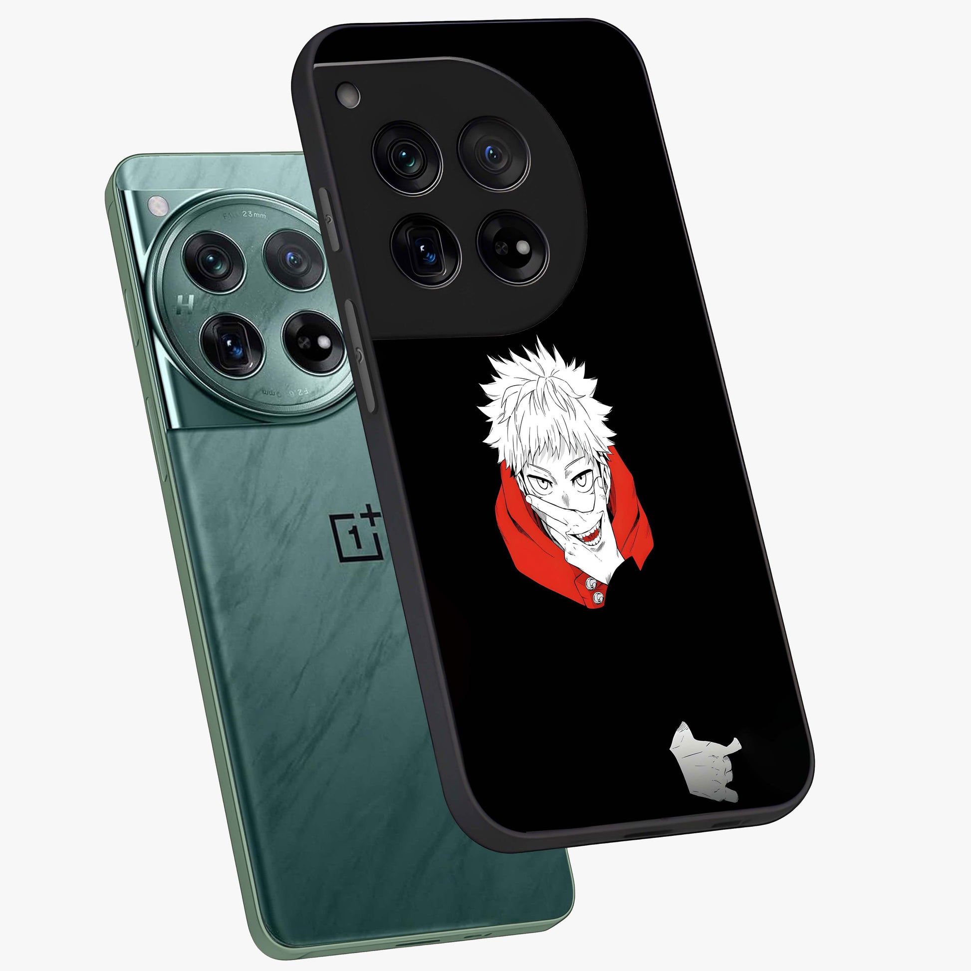 Crimson Chaos Smile Glass Case for 1+12 angled mockup showcasing glossy finish and dramatic red detailing