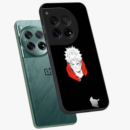 Crimson Chaos Smile Glass Case for 1+12 angled mockup showcasing glossy finish and dramatic red detailing