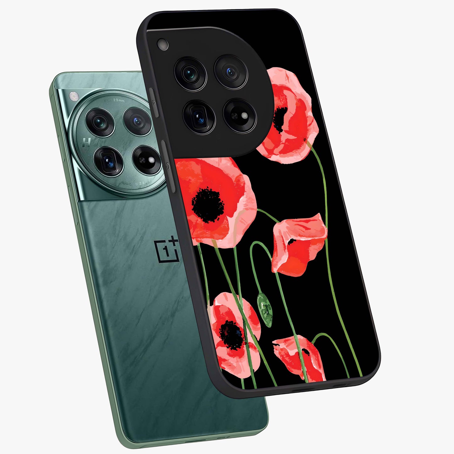 Crimson Garden Dream Glass Case for 1+12 angled mockup showcasing glossy finish and vibrant bloom detailing