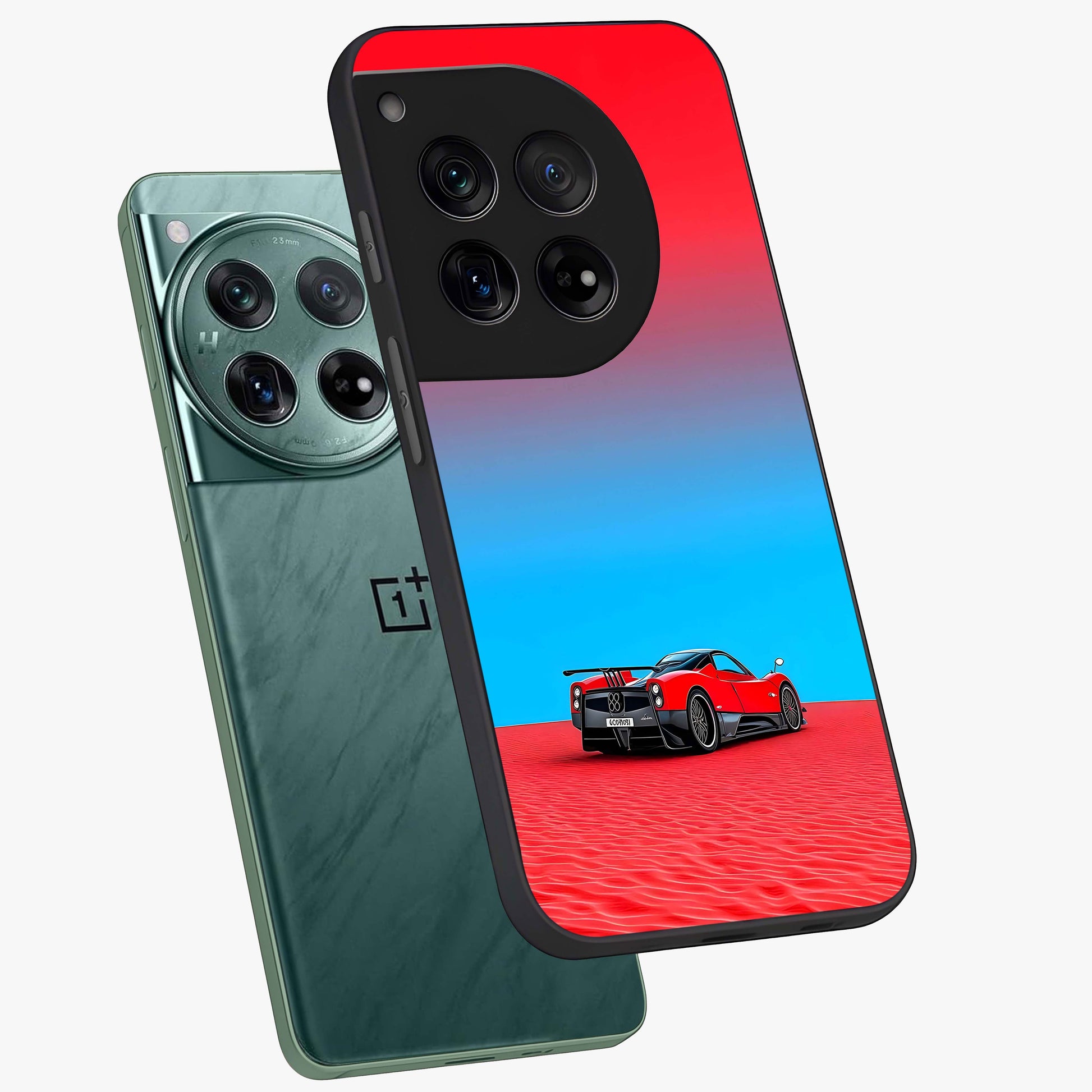 Crimson Speed Mirage Glass Case for 1+12 angled mockup showcasing glossy finish and dynamic speed detailing