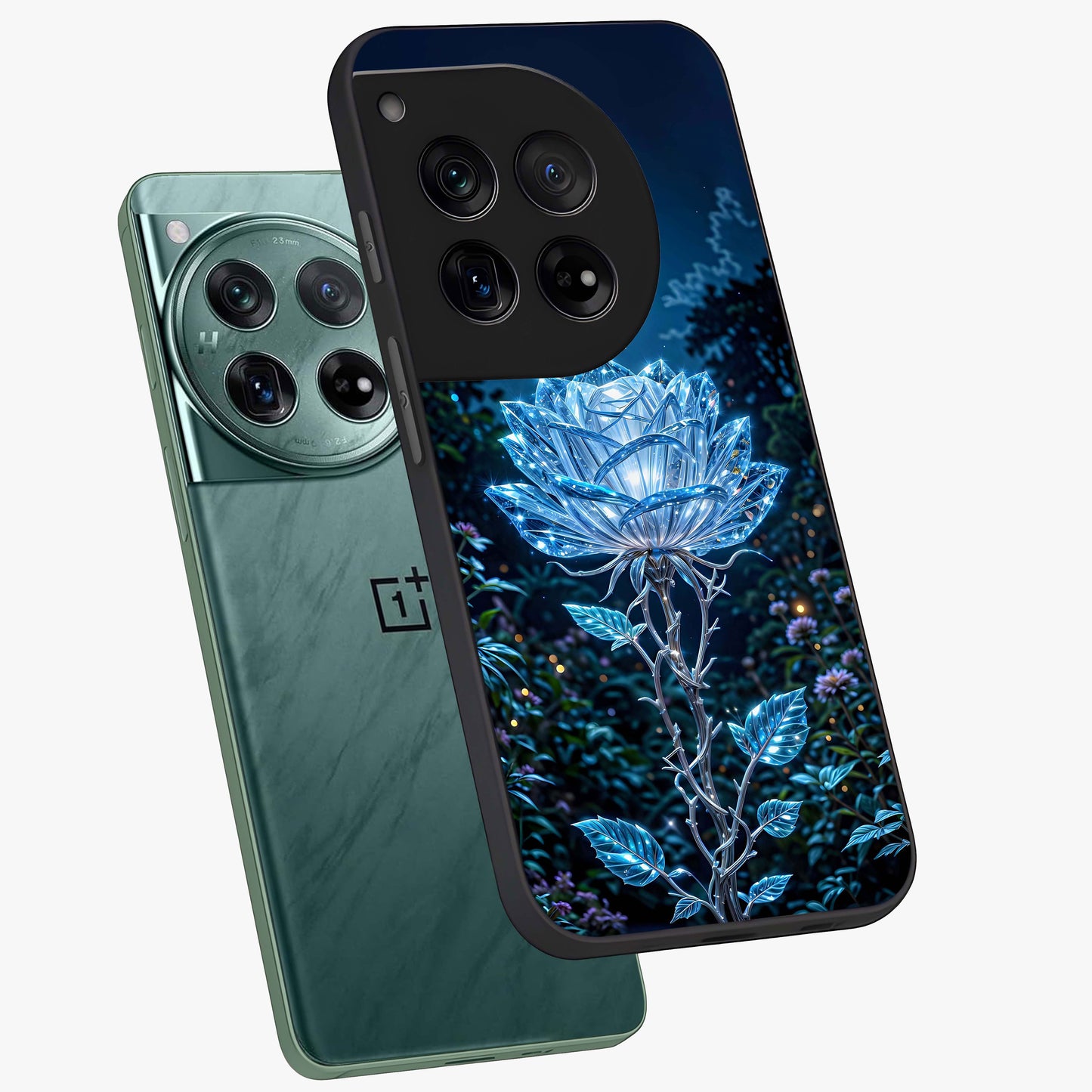 Crystal Moon Lotus Glass Case for 1+12 angled mockup showcasing glossy glass finish and luminous floral detailing
