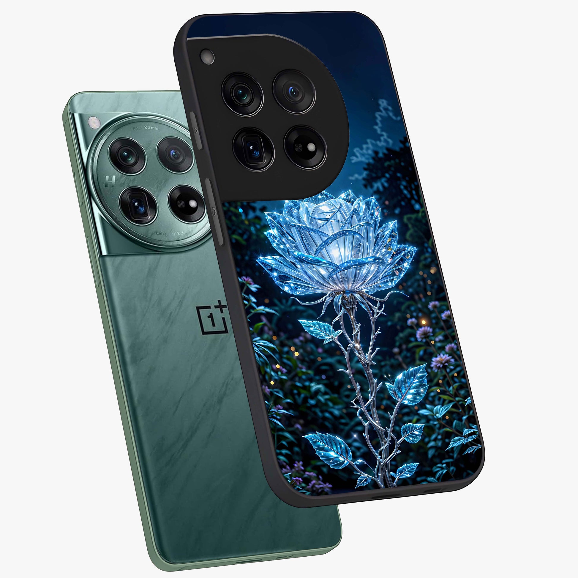 Crystal Moon Lotus Glass Case for 1+12 angled mockup showcasing glossy glass finish and luminous floral detailing