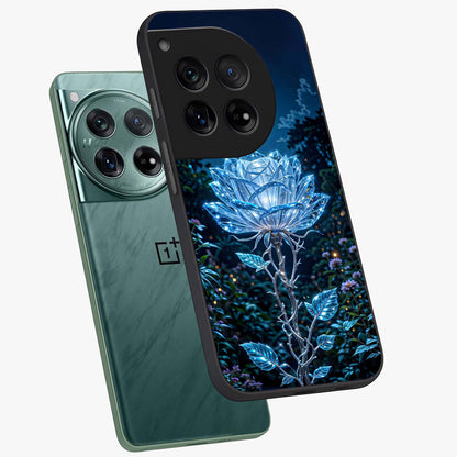 Crystal Moon Lotus Glass Case for 1+12 angled mockup showcasing glossy glass finish and luminous floral detailing
