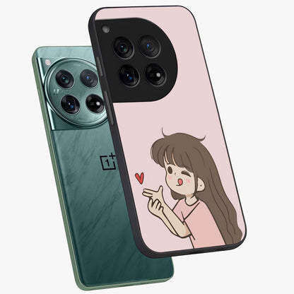 Cute Kiss Heart Glass Case for 1+12 angled mockup showcasing glossy finish and soft pastel tones