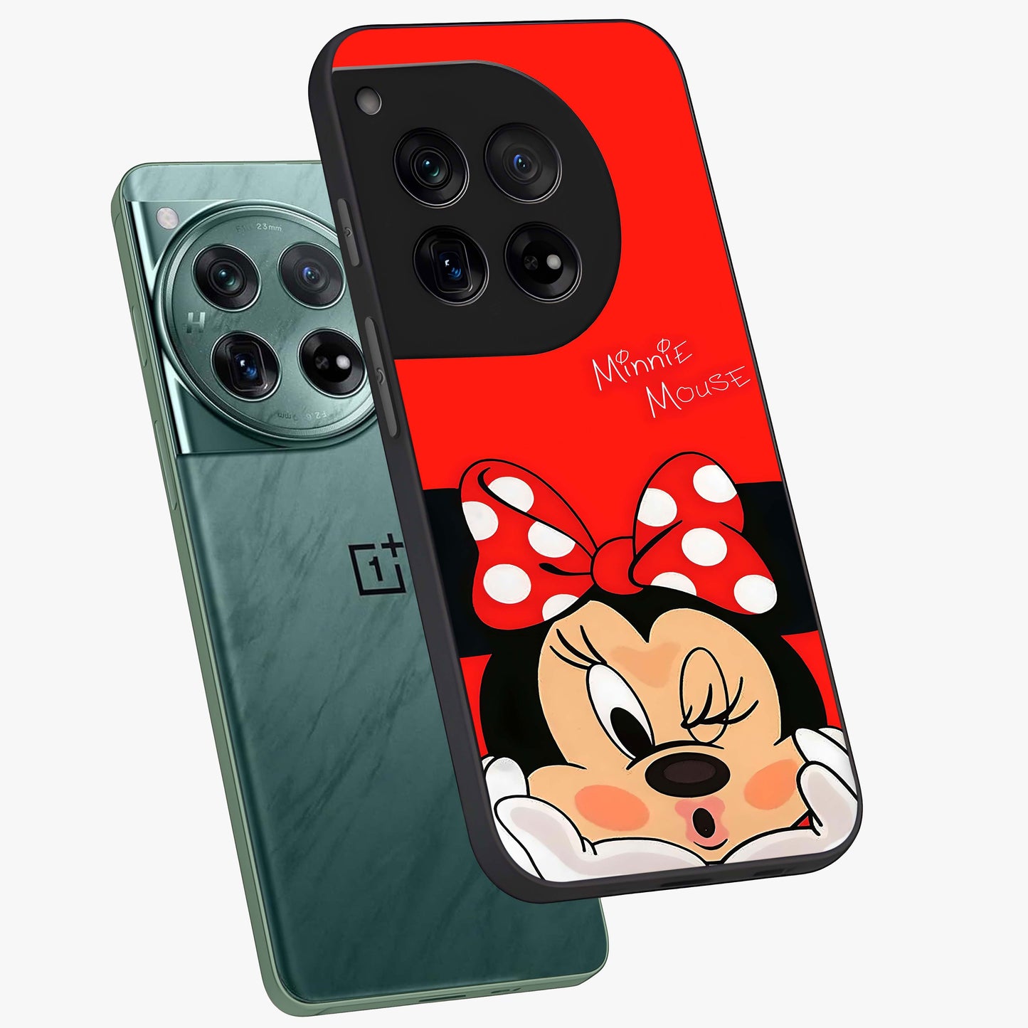 Cute Minnie Love Glass Case for 1+12 angled mockup showcasing glossy glass finish and vibrant character detailing