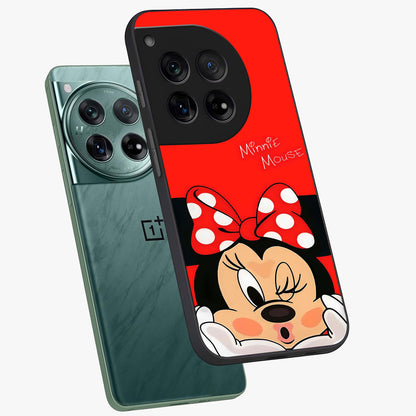 Cute Minnie Love Glass Case for 1+12 angled mockup showcasing glossy glass finish and vibrant character detailing