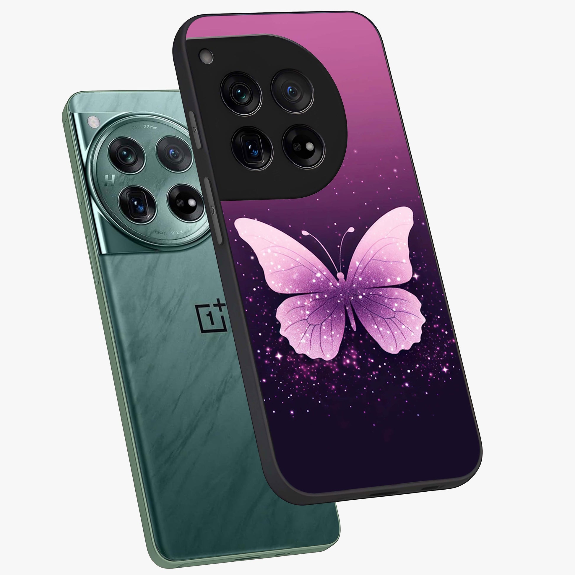 Cute Starry Butterfly Glass Case for 1+12 angled mockup showcasing glossy finish and celestial pastel tones