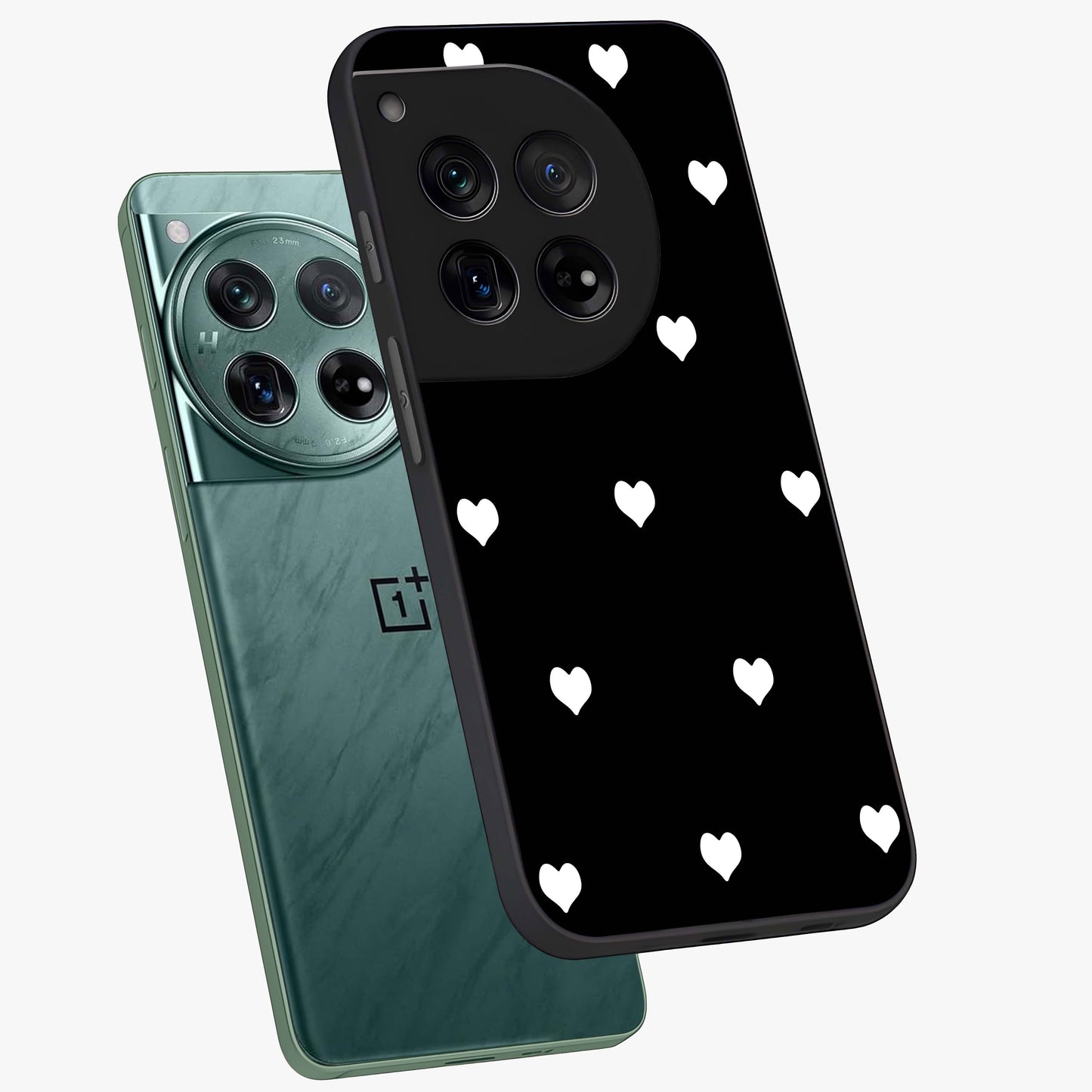 Cute Simple White Hearts Glass Case for 1+12 angled mockup showcasing glossy finish and bold shadow detailing