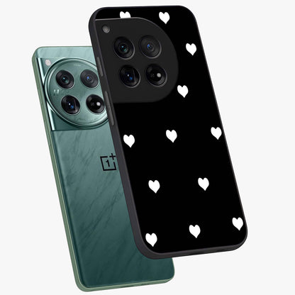 Cute Simple White Hearts Glass Case for 1+12 angled mockup showcasing glossy finish and bold shadow detailing