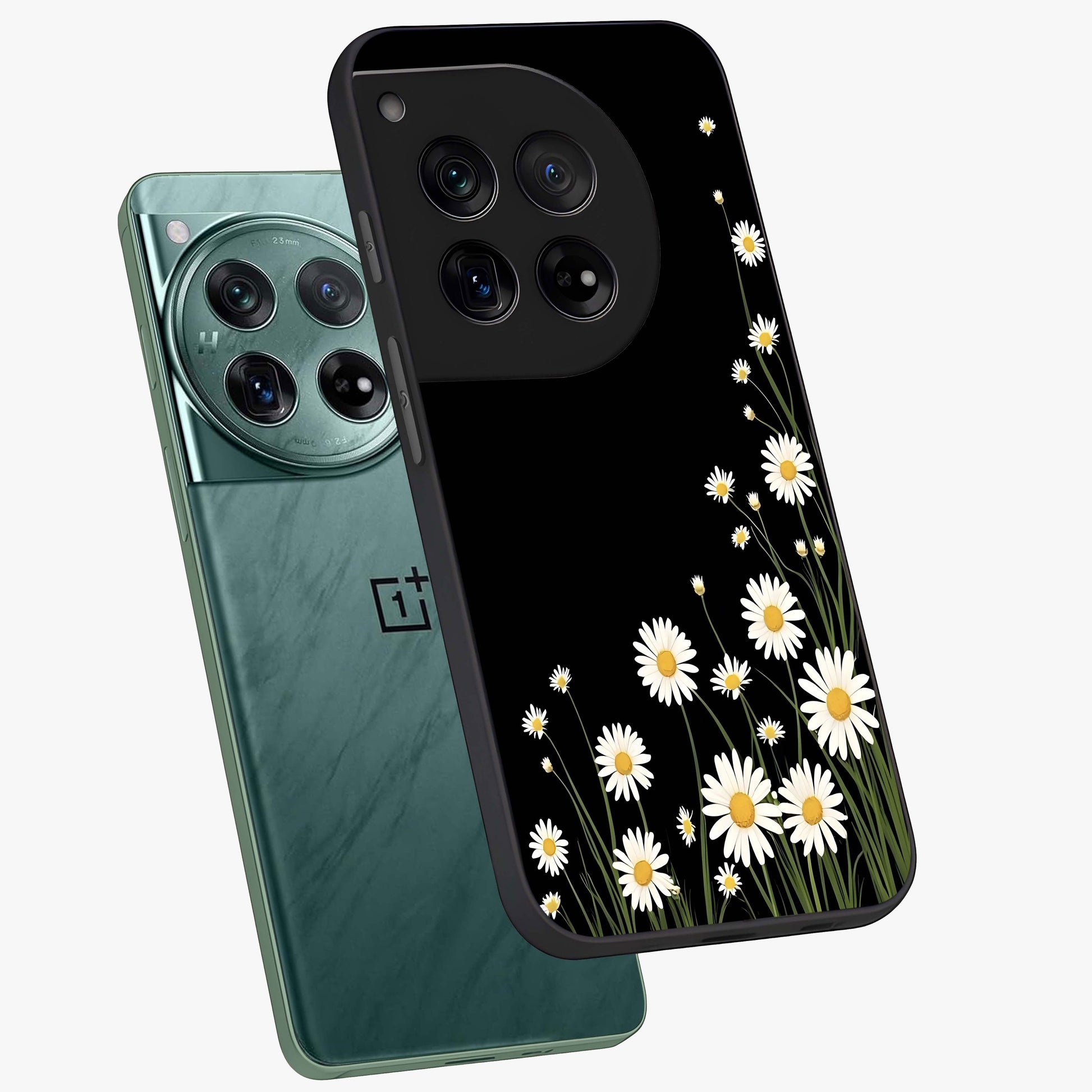 Daisy Cascade on Black Glass Case for 1+12 angled mockup showcasing glossy finish and bold floral contrast