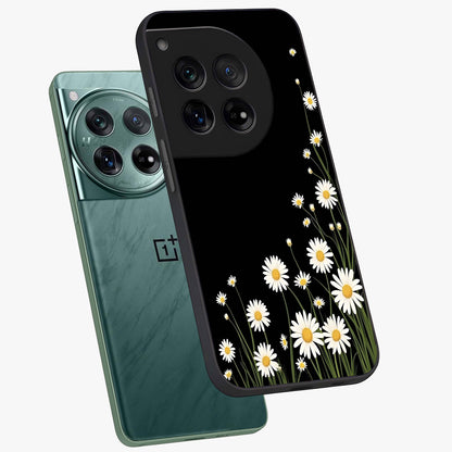 Daisy Cascade on Black Glass Case for 1+12 angled mockup showcasing glossy finish and bold floral contrast