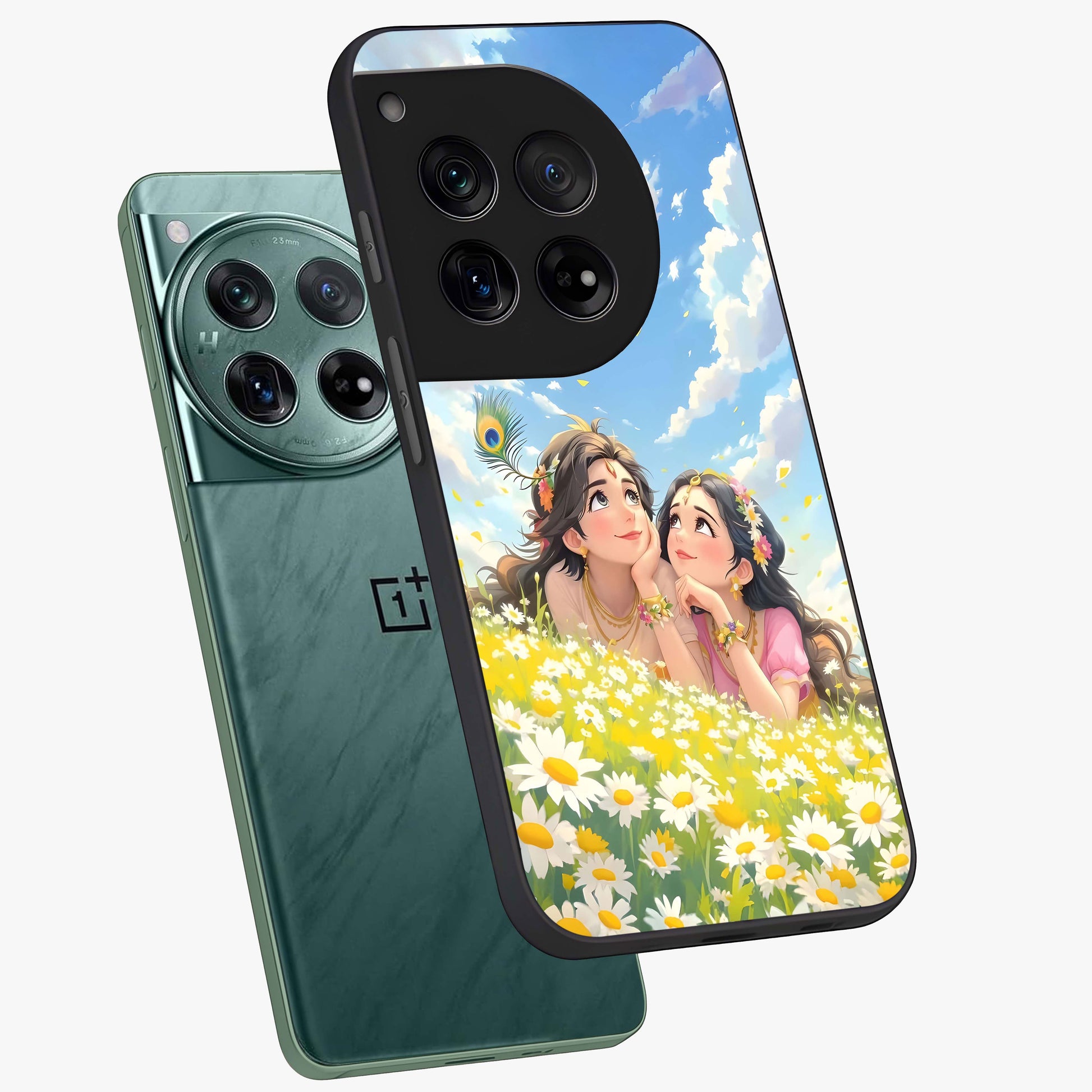 Daisy Daydream Love Glass Case for 1+12 angled mockup showcasing glossy finish and pastel bloom tones