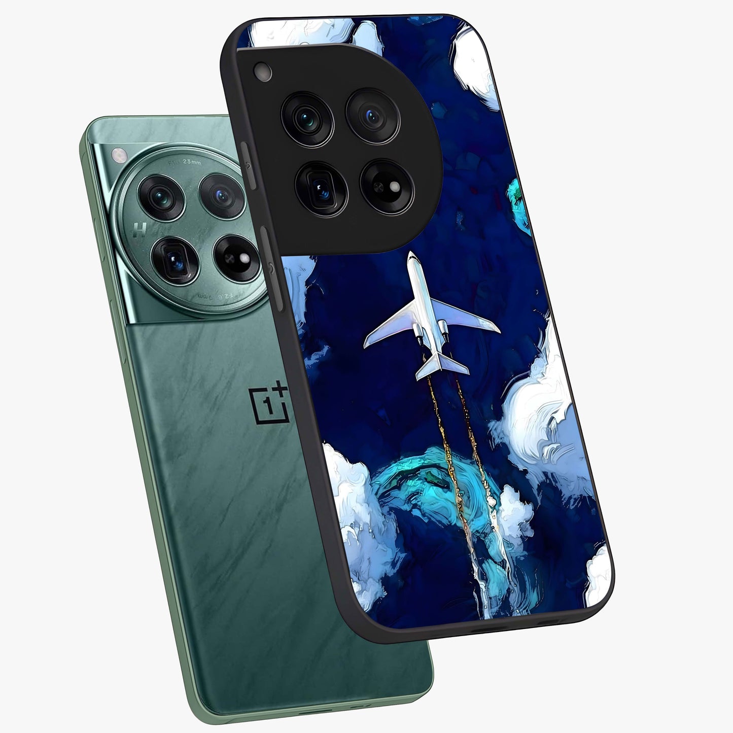 Dark Airplane Glass Case for 1+12 angled mockup showcasing glossy finish and dramatic sky tones
