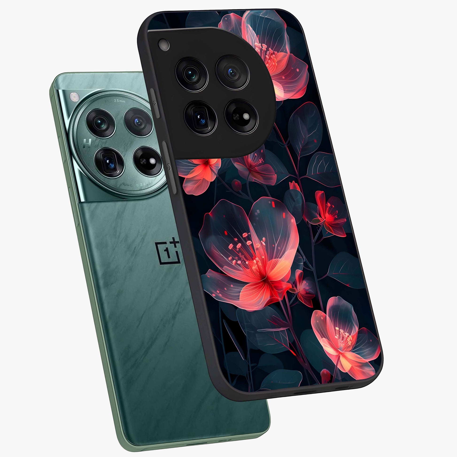 Dark Shade of Flower Glass Case for 1+12 angled mockup showcasing glossy finish and bold contrast detailing