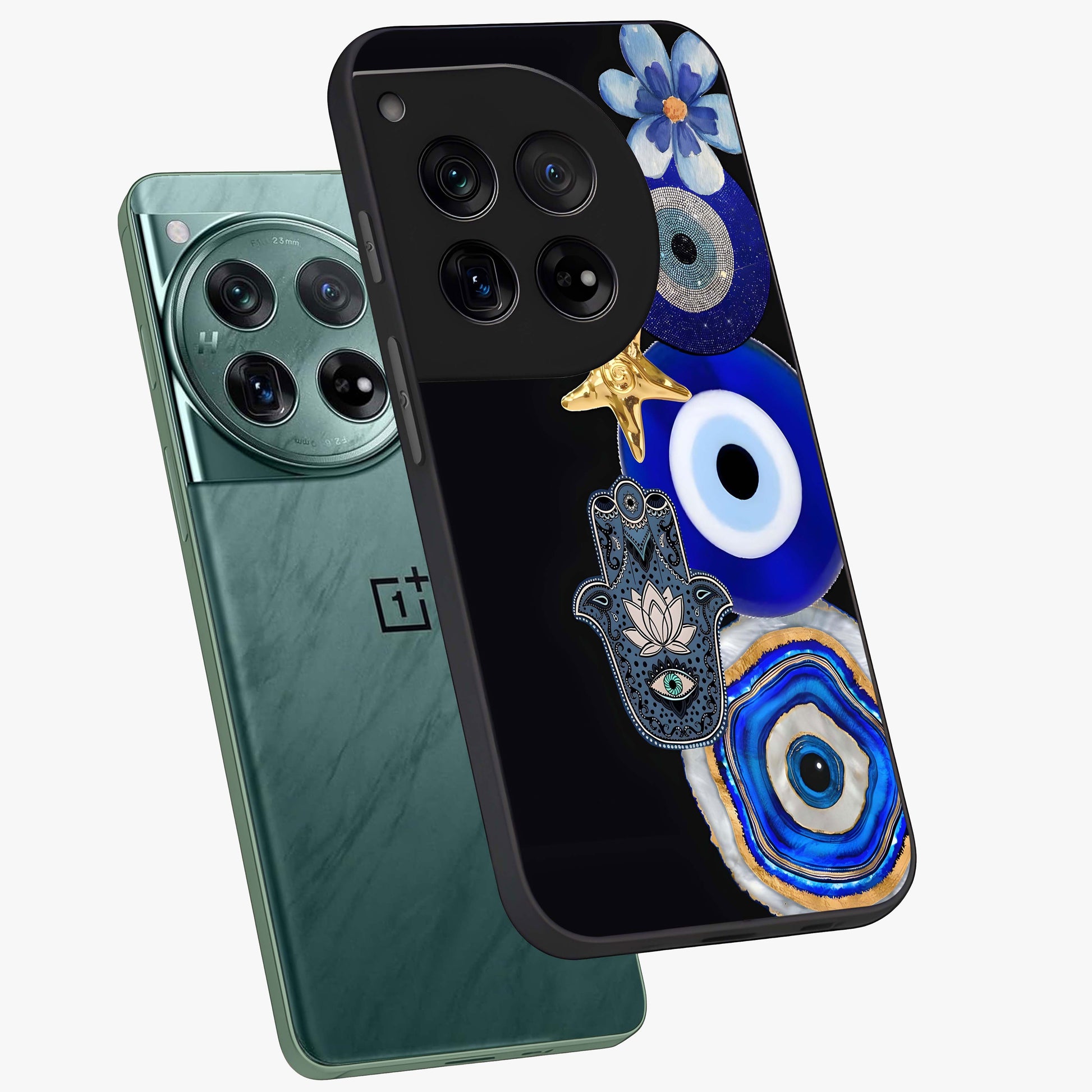 Divine Eye Bloom Glass Case for 1+12 angled mockup showcasing glossy finish and vibrant protective detailing