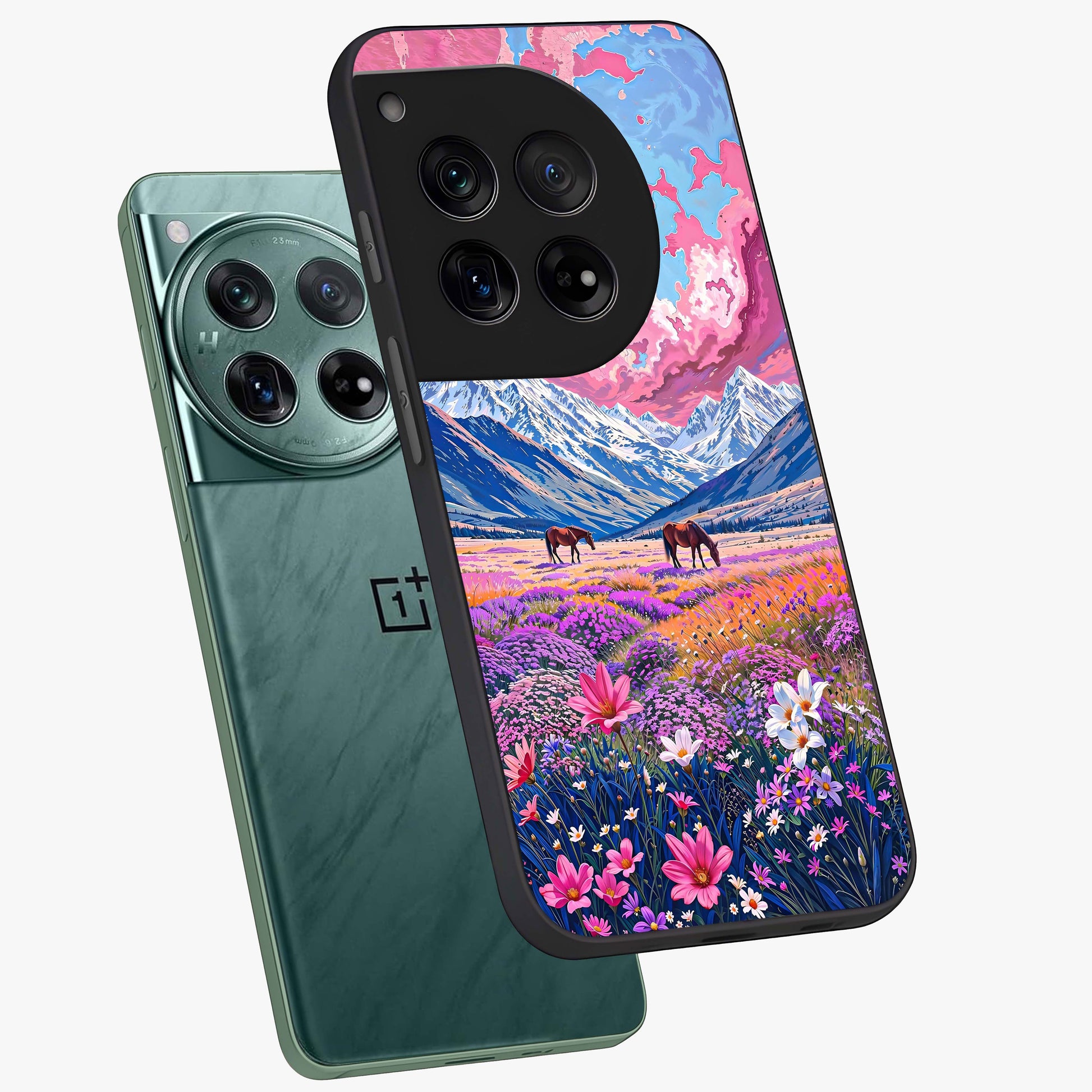Dreamy Floral Pastures Glass Case for 1+12 angled mockup showcasing glossy finish and gentle bloom textures